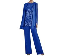 3 Pieces Mother of The Bride Trouser Suits Dark-Ocean Grandmother Wedding Outfits Chiffon Evening Outfit for Women Size 14
