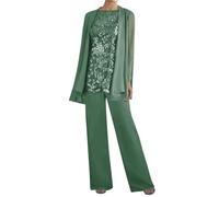 3 Pieces Mother of The Bride Trouser Suits Pastel-Green Grandmother Wedding Outfits Chiffon Evening Outfit for Women Size 14