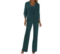 3 Pieces Mother of The Bride Trouser Suits Peacock Jumpsuit Wedding Guest Lace Chiffon Evening Outfit for Women Size 16