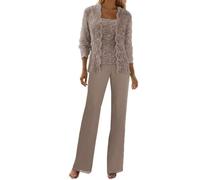 3 Pieces Mother of The Bride Trouser Suits Taupe Jumpsuit Wedding Guest Lace Chiffon Evening Outfit for Women Size 16