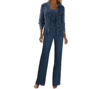 3 Pieces Mother of The Bride Trouser Suits Teal-Blue Jumpsuit Wedding Guest Lace Chiffon Evening Outfit for Women Size 16