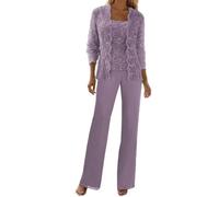 3 Pieces Mother of The Bride Trouser Suits Wisteria Jumpsuit Wedding Guest Lace Chiffon Evening Outfit for Women Size 16