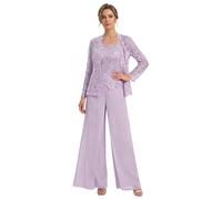 3 Pieces Mother of The Bride Trouser Suits Women Chiffon Pantsuit with Lace Jacket Evening Jumpsuits for Wedding Lavender