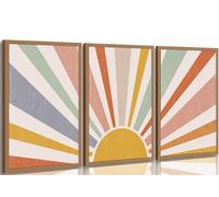3 Pieces Nursery Boho Canvas Wall Art Rainbow Sun Rising on the Horizon Geometric Nature Illustration Line Pictures Wall Decor Posters Prints for Toddler Kids Room Home Decoration Unframed