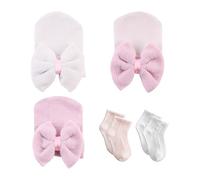3 Pieces of Baby Hats, 2 Pairs of Baby Socks, Combed Cotton Baby Hats, Bow Baby Hats, Newborn Hats, Stretchy Soft Baby Hats, Baby Turban Hats Pink