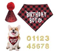 3 Pieces Of Dog Suits, 1 Piece Of Red Triangle Scarf With Ironed Letters, 1 Piece Of Big Red Hat, 1 Pack Of Golden Numbers, Triangle Scarf, Pet Birthday Dress
