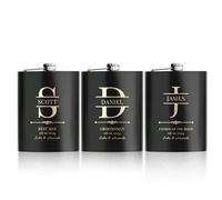 3 Pieces Personalised Hip Flasks for Groomsmen Gifts, 8oz Engraved Alcohol Flasks for Wedding, Customised Whisky Hip Flask for Bachelor Stag Party, Father of The Bride Gifts (Black)