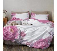 3 Pieces Pink Peony Flowers Duvet Cover Set Super King Size, Reversible Watercolor Floral Border Printed Bedding Sets with 2 Pillowcases, Soft Comfy Pink Bedding Sets for Bedroom Decor