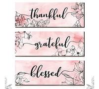 3 Pieces Pink Wall Decor Floral Wooden Art Thankful Grateful Blessed Wall Decor Inspirational Farmhouse Word Sign Kitchen Bedroom Thank You Wooden Plaque for Girls Women