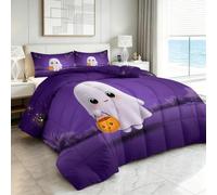 3 Pieces Purple Coverless Duvet Double, Cartoon Halloween Ghosts Coverless Quilt Comforter with Pillowcase - Hypoallergenic Reversible Bedding All Season Quilt Girls Boys - 200 x 200 cm