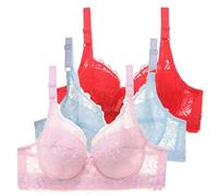 3 Pieces Push Up Bras for Women, Lace Bralettes for Women, Floral Lace No Underwire Wireless Bra, Plain Sexy High Support Bra, Plus Size Comfortable Brassiere with Adjustable Strap Hot Pink