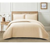 3 Pieces Quilted Bedspread Bed Throws Luxury Embossed Diamond Check Pattern Reversible Quilt Bedspreads Coverlets for Bedroom Decor with Matching Pillow Shams, Quilt Bedding Set (Beige, Double)