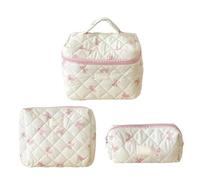 3 Pieces Quilted Cosmetic Bag Set with Bows Decoration Makeup Bags Storage Organized Suitable for Women and Girls Beauty Travel Bags
