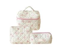 3 Pieces Quilted Cosmetic Bag Set with Bows Decoration Makeup Bags Storage Organized Suitable for Women and Girls Girls' Cosmetic Case
