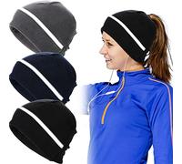 3 Pieces Reflective Fleece Running Ponytail Hat Women Safety Beanie with Ear Covers Cold Weather Skull Cap (Black, Dark Grey, Navy Blue)