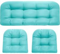 3 Pieces Replacement Garden Chair Cushion Set for Rattan Chair, All Weather Waterproof Wicker Bench Cushions Thickened Garden Outdoor Furniture Cushions 1 Loveseat & 2 U-Shaped Rattan Cushions, Teal