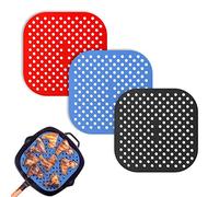 3 Pieces Reusable Air Fryer Steamer Pot Mat, 7.5" Square Nonstick Perforated Silicone Pot Mat, Air Fryer Accessories Replacement, BPA Free, (Black Red Blue)