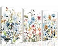 3-Pieces Set Framed Watercolor Daisy Flower Canvas Wall Art Colorful Plant Decor Girls Pink Wildflower Pictures Green Leaves Rustic Art Purple Printing Farmhouse decor Living Room Bedroom Bathroom