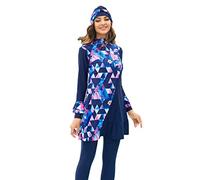3 Pieces Set Plus Size Muslim Swimwear Women Printed Sports Islamic Burkini Patchwork Swimsuit Hijab Long Sleeves, Blue, XXL