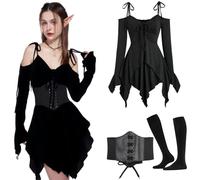 3 Pieces Sexy Gothic Clothing Women's Medieval Fairy Fairies Off-Shoulder Mini Dress Retro Witch Renaissance Clothing with Corset, Long Socks, Victorian Carnival Fancy Dress Costume (Black, XL)