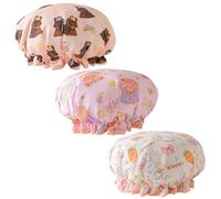 3 Pieces Shower Cap Stretch Elastic Band Double Layer Waterproof Shower Hat Goodnight Bear, Star Bunny, Birthday Doberman Hair Cap for Bathing, Skin Care and Makeup, Cooking, Housework
