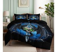 3 Pieces Skull Longsword Black Dragon Reversible Duvet Queen 230x220cm | Down Alternative Comforter with 2 Shams, Gothic Halloween Coverless Duvet Travel Camping Comfy Bed Set
