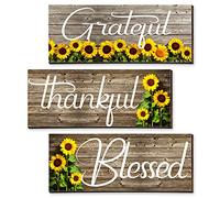 3 Pieces Sunflower Prints Wood Hanging Wall Plaques Grateful Thankful Blessed Wall Art Signs Sunflowers Spring Autumn Positive Sign Wall Art Decor for Bedroom, 10 x 4 x 0.2 Inch (White Words)