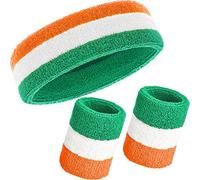 3 Pieces Sweatbands Set, Includes Sports Headband and Wrist Sweatbands Cotton Striped Sweat Band for Athletic Men and Women (Orange, White and Green)
