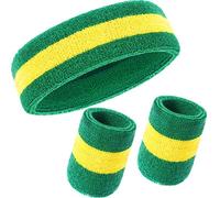 3 Pieces Sweatbands Set, Includes Sports Headband and Wrist Sweatbands Cotton Striped Sweat Band for Athletic Men and Women (Green and Yellow)