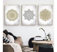 3 Pieces Wall Pictures，Abstract Boho Gold Mandala Floral Wall Art Canvas Painting Modern Poster and Print Wall Picture for Living Room Kitchen Decoration-60 * 70cm/(24 * 27inch) No Frame