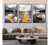 3 Pieces Wall Pictures，Abstract Yellow Boat On The Lake Landscape Canvas Prints Gold Wooden Bridge Mountain Wall Art Paintings for Living Room Home Decor-60 * 70cm/(24 * 27inch) No Frame