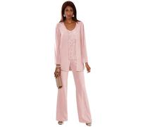 3 Pieces Wedding Trouser Suits for Women UK Flowy Sequin Chiffon Blush Pink Mother of The Groom Trouser Suits with Jacket Size 16