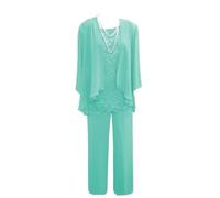 3 Pieces Wedding Trouser Suits for Women UK Lace Chiffon Turquoise Mother of The Groom Trouser Suits with Jacket Size 12