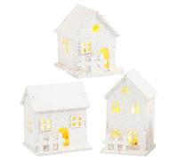 3 Pieces White Christmas Min-i Houses, Xma-s Snow Village Houses, Lighted Wooden Snow Village Houses, Christmas Min-i House LED Light, Christmas Village Houses With Snow