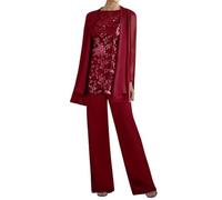 3 Pieces Wine-Red Wedding Trouser Suits for Women UK Lace Chiffon Mother of The Groom Trouser Suits with Jacket Size 18