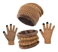 3-Pieces Winter Beanie Hat Gloves Scaef Thick Lined Warm Knit Hat Touch Screen Gloves Neck Warmer Cold Weather Men & Women (Khaki)