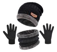 3-Pieces Winter Beanie Hat Gloves Scaef Thick Lined Warm Knit Hat Touch Screen Gloves Neck Warmer Cold Weather Men & Women (Blcak)