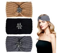 3 Pieces Winter Cable Knit Headbands Chunky Sequin Pearl Flower Knit Headband Elastic Thermal Twist Headbands Winter Ear Warmer Crochet Head Wrap Earmuff for Outdoor Sports Skiing Running Style A