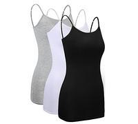 3 Pieces Women Basic Long Tanks Adjustable Spaghetti Strap Camisole Top (XX-Large, Grey, White and Black)