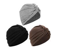 3 Pieces Womens Elastic Cotton Cross Beanie Cap Stretchy Turban Head Scarf Hat Soft Chemo Hair Loss Head Wear Wrap Pleated Front Tie Headband Night Sleep Cap Slouchy Skull Hat for Ladies Girls