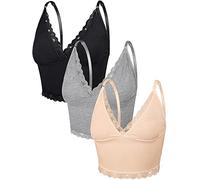 3 Pieces Women's Rib Knit Cami Tops Lace Trim Camisole Sleeveless Adjustable Strap Crop Top Solid Cami For Women (Black, Gray, Nude Color, Large)