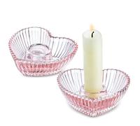 3'' Pink Glass Candlestick Holders, Set of 2 Heart Shaped Candle Holders for Wedding, Party, Decoration and Dining