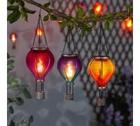 3 pk Solar Power Rainbow Stain Cool Fiesta Realistic Flame Outdoor Hanging SMD LED Hot Air Balloon Lantern - Multicoloured Glass Effect Flaming Garden Light with Handle [Energy Class