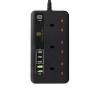 3 Plug Socket Extension Lead Power Strip, 3 Type-C and 2 Type-A Ports, 3000W, 4.2A, 2m Cable, Surge Protection and Fire Safe, Black