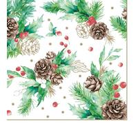 3-Ply Xmas Decoupage Tissue Paper Napkins Decorative Christmas Serviettes 33cm x 33cm - Maki - Pack of 20 (Cones & Hollyberry on White)