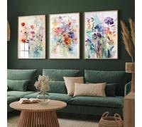 3 Poster Set Colourful Watercolour Floral Wall Art, Botanical Canvas Prints with Vibrant Flowers, Aesthetic Modern Home Decor for Living Room Bedroom, Soft Artistic Unframed Posters (30 X 40 CM)