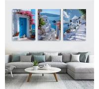 3 Poster Set Mediterranean Coastal Wall Art, Blue White Architecture Canvas Prints, Seaside Landscape Pictures, Summer Vacation Aesthetic Wall Decor for Living Room Bedroom Unframed (50 x 70 cm)