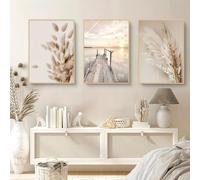 3 Poster Set Minimal Beige Wall Art, Calm Botanical Pampas Grass and Tranquil Sunset Pier Canvas Prints, Neutral Aesthetic Pictures for Living Room Bedroom Office Home Decor, Unframed (50 x 70 cm)