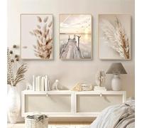 3 Poster Set Nature Wall Art, Abstract Soft Beige Tones, Pampas Grass, Wooden Dock and Sunset Landscape, Unframed Canvas Prints for Living Room, Bedroom, Modern Home Decor (50 * 70CM)