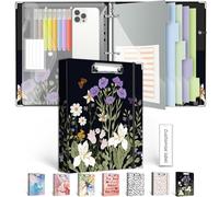 3 Ring Binder 1 Inch, Three Ring Binders Organizer with Clipboard, 5-Tabs Pockets Dividers, Plastic Folder, 18 Divider Stikers, BVSSX Pretty Binder with Pen Loop (Black Weeds, Letter Size)